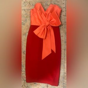 Badgley Mischka - Midi Cocktail Dress | Coral + Red Bow Dress | Size 4